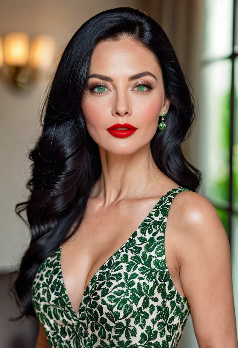 woman, beautiful, 30 years old, perfect face and features, NO WRINKLES, NO MARKS, SMOOTH FACE, seductive, very sexy look, defined body, in chic dress, green eyes, red lipstick, LONG BLACK HAIR