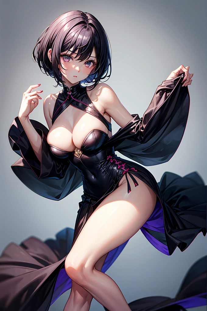 masterpiece, best quality, distinct image, 1 girl, 16 year old ager, off shoulder elegant mini blouse, pleated skirt held tightly by a beelt, solo. sharp facial features, oval shaped face, cherry pink lip, lightly tanned white skin, velvet-colored eyes, tall height(175cm), slim yet chiseled body-type, dark violet-black hair, short pixie cut hairstyle, long and slender legs, curvy wide hips stretching the dress, full body image,