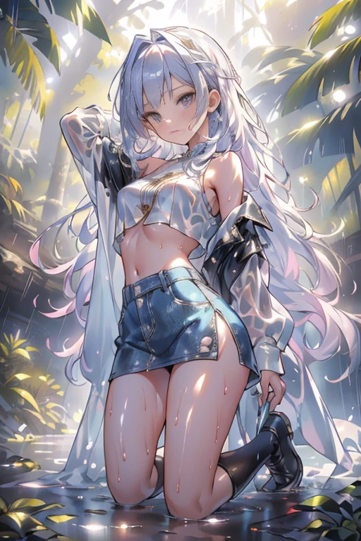 (((professional: Step by Step, taking into account even the smallest detail, God Level Final Result, full body with intricate details, only 1 girl, image: all the intricate details, Masterpiece))): "Quality 3, Wet anime, hyper details, Wet anime 17-years-old white woman with random colored hair Wet hair tied back with a red ribbon Her eyes are the same color as her wet hair, Delgado, clothing white crop top and denim miniskirt, A jungle background under a constant torrential rain that soaked them, Wet Back Posture, showing her beautiful body 92 59 90, flirty face, pedestal invisible,, Film grain, fuji colors, contrast of lights and shadows, textured skin, dynamic pose, realism, sunlight, High contrast, very sexy pose"