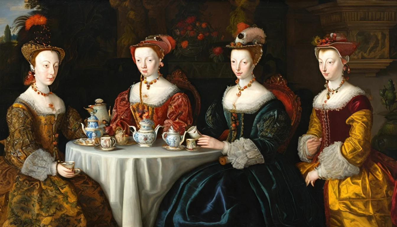 Oil painting, 16th century, Noble ladys, tea party, chatting