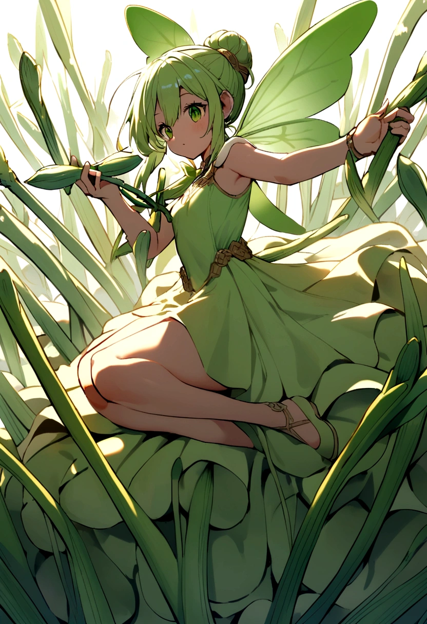 a fairy flying over a pile of Green Leek, holding one Leek on her hand