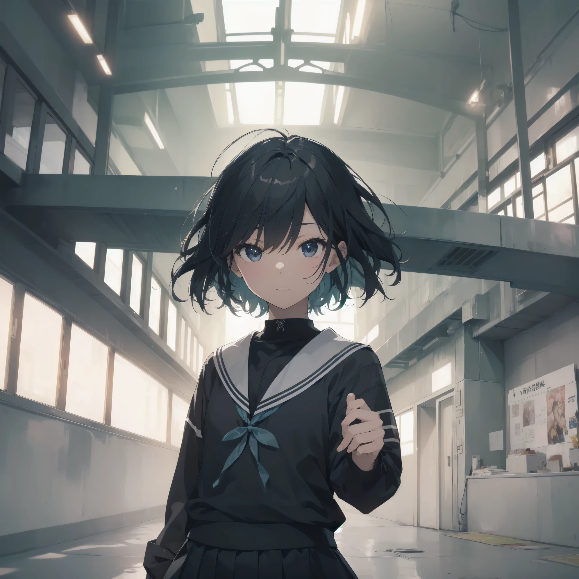 ultra-absurdres-Top quality by artist God, ultra-detailed, high resolution, anime moe artstyle, best anime 8k konachan wallpaper, pixiv contest winner, pool:2810, perfect anatomy,break, 1girl, (Please draw a girl walking sleepily to school alone. )break,(Solo,little female, 13-year-old:1.3),Full limbs, complete fingers,a junior high school student, (very short hair), short cut, flat chest, , small butt, small black eyes, beautiful detailed eyes, well-proportioned iris and pupils, expressive eyes, highres detailed hair, soft expression, salor school_uniform, sailor collar, serahuku, bow, pleated skirt,(Detailed Lighting), (Detailed background), in the School commute route. break,dewy skin, perspiration on the skin,skin texture, fine lines, pores, natural imperfections,light reflections, glossy skin, shiny skin,break, Best cinematic lighting powered by famous artist, 8k,beauty illustration,photoshop_(medium),very aesthetic,break,((artist:enkyo_yuuichirou )), artist:clamp ,artist:carnelian ,artist:kantoku ,