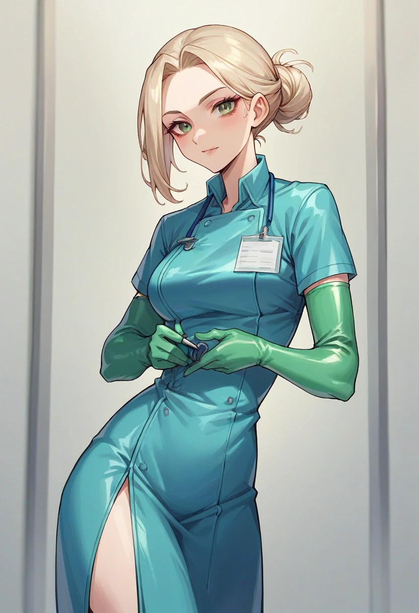1girl, light hair, ((green elbow gloves)), ((surgical gloves)), ((latex gloves)), ((long sleeves)) ((blue surgeon outfit)), looking at viewer, ((doctor)), standing, solo