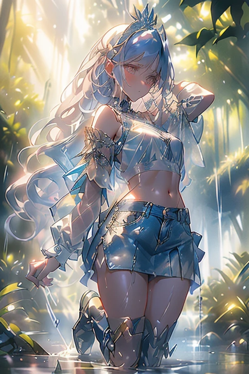 (((professional: Step by Step, taking into account even the smallest detail, God Level Final Result, full body with intricate details, only 1 girl, image: all the intricate details, Masterpiece))): "Quality 3, Wet anime, hyper details, Wet anime 17-years-old white woman with random colored hair Wet hair tied back with a red ribbon Her eyes are the same color as her wet hair, Delgado, clothing white crop top and denim miniskirt, A jungle background under a constant torrential rain that soaked them, Wet Back Posture, showing her beautiful body 92 59 90, flirty face, pedestal invisible,, Film grain, fuji colors, contrast of lights and shadows, textured skin, dynamic pose, realism, sunlight, High contrast, very sexy pose"