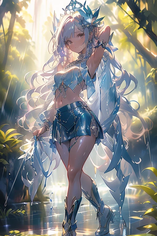 (((professional: Step by Step, taking into account even the smallest detail, God Level Final Result, full body with intricate details, only 1 girl, image: all the intricate details, Masterpiece))): "Quality 3, Wet anime, hyper details, Wet anime 17-years-old white woman with random colored hair Wet hair tied back with a red ribbon Her eyes are the same color as her wet hair, Delgado, clothing white crop top and denim miniskirt, A jungle background under a constant torrential rain that soaked them, Wet Back Posture, showing her beautiful body 92 59 90, flirty face, pedestal invisible,, Film grain, fuji colors, contrast of lights and shadows, textured skin, dynamic pose, realism, sunlight, High contrast, very sexy pose"