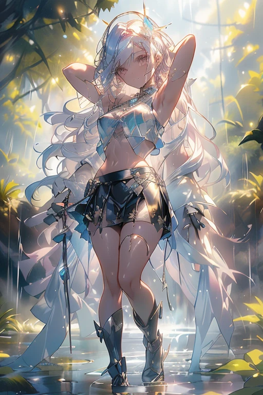(((professional: Step by Step, taking into account even the smallest detail, God Level Final Result, full body with intricate details, only 1 girl, image: all the intricate details, Masterpiece))): "Quality 3, Wet anime, hyper details, Wet anime 17-years-old white woman with random colored hair Wet hair tied back with a red ribbon Her eyes are the same color as her wet hair, Delgado, clothing white crop top and denim miniskirt, A jungle background under a constant torrential rain that soaked them, Wet Back Posture, showing her beautiful body 92 59 90, flirty face, pedestal invisible,, Film grain, fuji colors, contrast of lights and shadows, textured skin, dynamic pose, realism, sunlight, High contrast, very sexy pose"