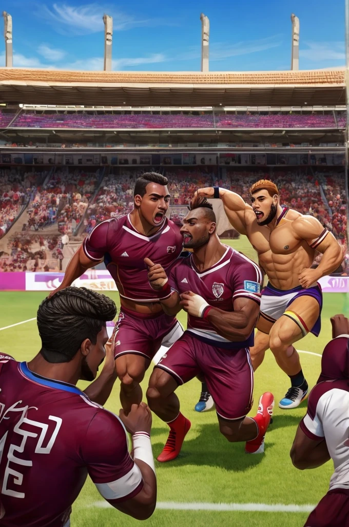 The vinotinto team scoring a goal with players of different races and very muscular