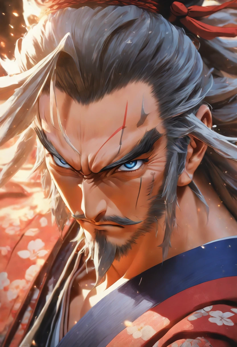 (high quality, masterpiece, two-dimensional, extremely detailed, 8k, photorealistic, beautiful detailed eyes, extremely detailed face, beard, muscular body, hopeful expression, bright blue eyes, mature, sophisticated, white short sleeves, Onmyoji portrait, Miyamoto Musashi, detailed anime character art, traditional Japanese architecture background)