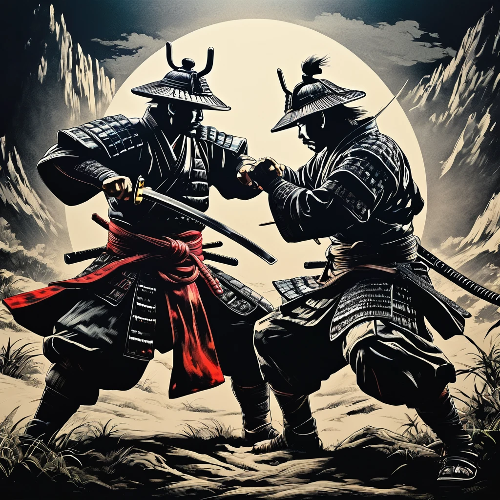 samurai fighting, highly detailed,  vibrant colors , 8k,   sharp,  professional, clear,   high contrast, high saturated, , vivid deep blacks, crystal clear 