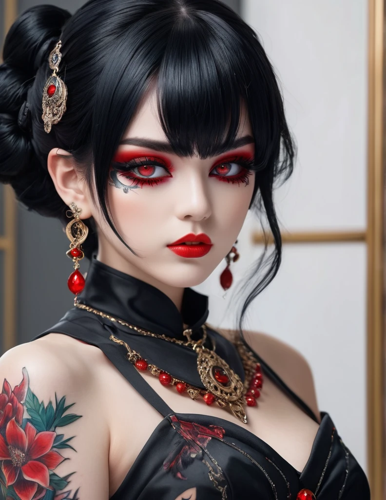 quality(8k wallpaper of extremely detailed CG unit, masterpiece, hight resolution, top-quality, top-quality real texture skin,hyper realisitic, digitial painting,increase the resolution,RAW photos,best qualtiy,highly detailed,the wallpaper),BREAK,8K, anime -style art , full face, mixed color eyes, black makeup, very white skin, metalic black hair long, jewelry, tattoos, toxic mask , red eyes, black dress, portrait shot, white background