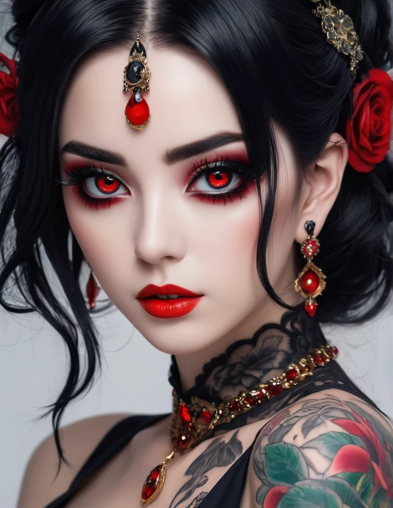 quality(8k wallpaper of extremely detailed CG unit, masterpiece, hight resolution, top-quality, top-quality real texture skin,hyper realisitic, digitial painting,increase the resolution,RAW photos,best qualtiy,highly detailed,the wallpaper),BREAK,8K, anime -style art , full face, mixed color eyes, black makeup, very white skin, metalic black hair long, jewelry, tattoos, toxic mask , red eyes, black dress, portrait shot, white background