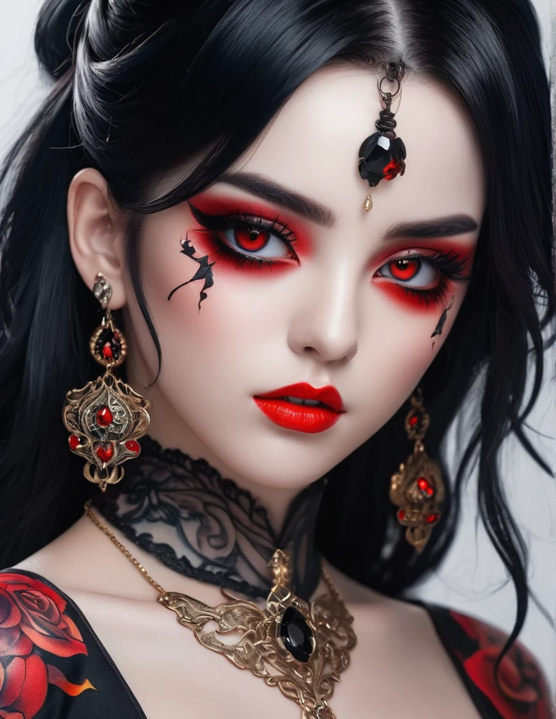 quality(8k wallpaper of extremely detailed CG unit, masterpiece, hight resolution, top-quality, top-quality real texture skin,hyper realisitic, digitial painting,increase the resolution,RAW photos,best qualtiy,highly detailed,the wallpaper),BREAK,8K, anime -style art , full face, mixed color eyes, black makeup, very white skin, metalic black hair long, jewelry, tattoos, toxic mask , red eyes, black dress, portrait shot, white background