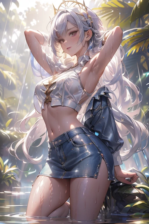 (((professional: Step by Step, taking into account even the smallest detail, God Level Final Result, full body with intricate details, only 1 girl, image: all the intricate details, Masterpiece))): "Quality 3, Wet anime, hyper details, Wet anime -yeld whiwoman with random colored hair Wet hair tied back with a red ribbon Her eyes are the same color as her wet hair, Delgado, clothing white crop top and denim miniskirt, A jungle background under a constant torrential rain that soaked them, Wet Back Posture, showing her beautiful body 92 59 90, flirty face, pedestal invisible,, Film grain, fuji colors, contrast of lights and shadows, textured skin, dynamic pose, realism, sunlight, High contrast, very sexy pose"