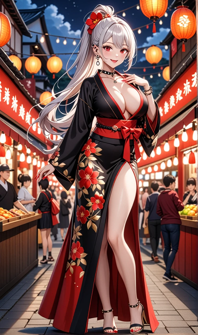 (ultra-detailed),((one girl)), hyper detailed, absurdres, 8K,Cute face, Beautiful Face, ((Doing sexy poses:1.4)), ((laugh:1.8)), ((Wink:1.8)), (Laugh with your mouth wide open),(Tilt your head:1.3), View your viewers, ((Bright red cheeks:1.6)),Glossy Red Lips, ((Big Breasts:1.4)) night, Festival stalls on high ground, (Brighten your face), ((Anime style background)),masterpiece, Highest quality, so beautiful,Latest, Complex details, (Pink long nails), (nail art), (ring),(bracelet), (helix piercing:1.7), (Floral Choker),AI-generated, Complex,High resolution, Highest quality, super high quality,3D Images、3D Images,One person,Long white hair,(High Ponytail), Anime woman posing for a photo, ((beautiful eyes)), (Blue Eyes :1.2), ((Fine grain、Silver Eyes、glistening eyes:1.4)), (Squint your eyes:1.1),a hyperRealistic , hyperRealistic , Realistic,Anime woman with long white hair, Smooth anime CG art, With gold embroidery、A girl in a gorgeous kimono, ((Black long sleeve kimono:1.3)),(Red large floral pattern) ,Long flower hair ornament,(black high heel sandals), Floral Earrings,Mature Body, expensive,Abdominal muscles,Tight waist,((full body:1.4)), (front view),
