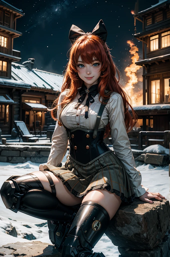 cowboy shot, (dynamic pose), smile, underbust, Penny Polendina, long red hair, neck ribbon, suspender skirt, corset, black bow, white blouse, mechanical legs, neon trim, sitting, near ski lodge, BREAK night, stars, moon, snow, BREAK mountains in background, waterfall, crowd, ((crowd in military uniform)), bonfires (volumetric lighting), intricate details, tonemapping, sharp focus, hyper detailed