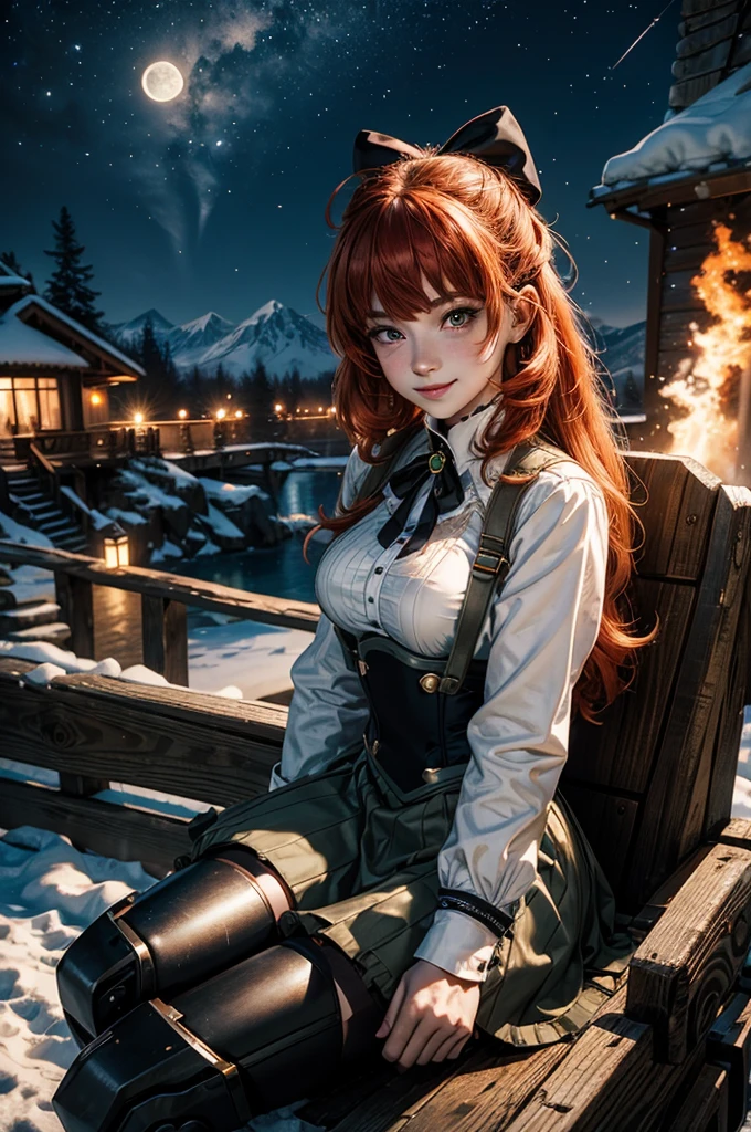 cowboy shot, (dynamic pose), smile, underbust, Penny Polendina, long red hair, neck ribbon, suspender skirt, corset, black bow, white blouse, mechanical legs, neon trim, sitting, near ski lodge, BREAK night, stars, moon, snow, BREAK mountains in background, waterfall, crowd, ((crowd in military uniform)), bonfires (volumetric lighting), intricate details, tonemapping, sharp focus, hyper detailed