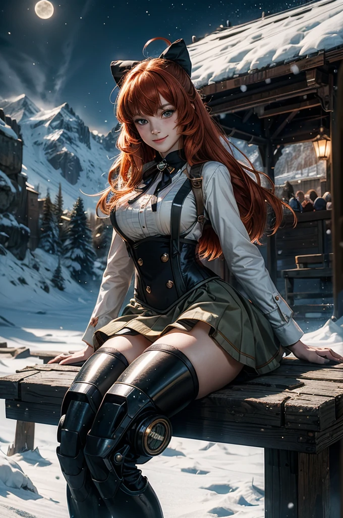 cowboy shot, (dynamic pose), smile,  underbust, Penny Polendina, long red hair, neck ribbon, suspender skirt, corset, black bow, white blouse, mechanical legs, neon trim, sitting, near ski lodge, BREAK night, stars, moon, snow, BREAK mountains in background, waterfall, crowd, ((crowd in military uniform)), bonfires (volumetric lighting), intricate details, tonemapping, sharp focus, hyper detailed

