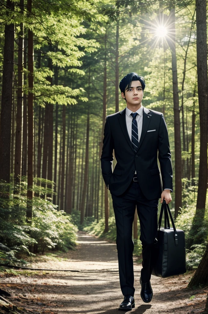 A anime guys with offices suit in the middle of forest with confused face, man with black hair, holding offices bag, generate this image like a manga cover