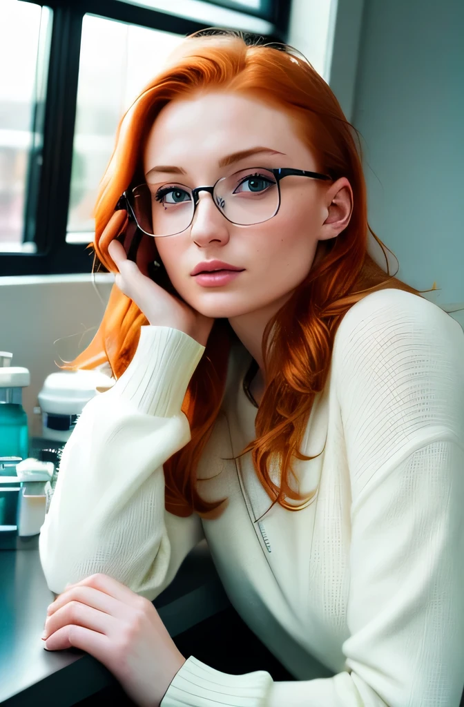 Photo of Sophie Turner, real, Beautiful actress, (ginger hair), ((Portrait)), ((Detailed face:1.2)), ((detailed facial features)), finely detailed skin, futuristic lab environment, Sitting on a chair, , She is wearing glasses and white labclothes, Warm color, cozy, Natural light, No reflectors, ((Candid shot)), ((Photographed in a realistic style)), ((Canon EOS M50)), 45mm Lens, F/1.8, RAW, (High definition), Wallpaper quality, (Emotive and intimate lighting).