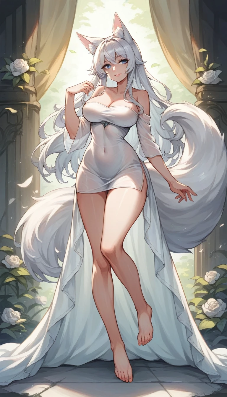 high detail, super detail, super high resolution, high quality. Extremely sexy and beautiful girl, with a beautiful face, wide and beautiful lips, lascivious smile, White skin, blue eyes, curvy body, beautiful feet and thighs, long white hair, white fox ears and fox tail, short dress, transparent dress, shows a lot of skin, It's low-cut. sitting, showing legs, crossed legs, showing feet. He wears a shackle and chains around his neck., on the hands and ankles. barefoot, feet on camera, big breasts, correct pie anatomy, foot anatomy, sexy pie, pies, Detailed feet, correct pie anatomy, detailed thighs, detailed curves, detailed breasts and body. very wet, wet clothes, clothing fabric marking your body more.
