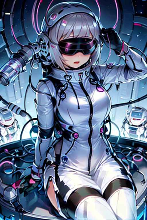 1 Girl, whole body, (space helmet):10,He has a large metal helmet on his head that covers his hair and eyes., tube, wire, She gets electrocuted, brainwashing,astrovest,bing_astronaut,blush,torogao,