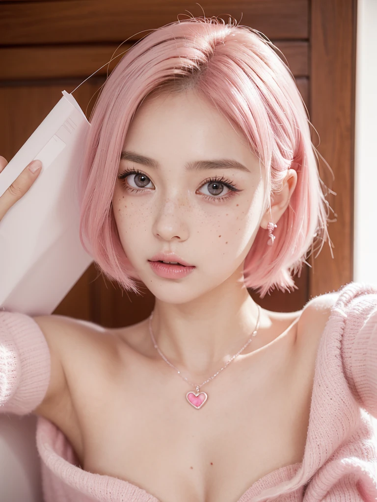 Cute girl short pink hair, with two bows on each side of the hair, all her hair short pink , with a star clip in her pink hair, light colored eyes, pretty eyes, crying eyes, pretty, upturned nose, watery nose, Pretty lips, pink lips, heart and cupid shaped lip, pretty skin, pale, White skin, with moles and freckles all over his face, soft pink blush on the cheeks, natural pink blush, soft pink makeup, Jennie, nice neck, marked collar, frown, tender look, with a kiss necklace, a pretty kiss necklace, similar to Yumeko Jabami, while wearing a Crochet YK2, woolen, with a YK2 style brown mini skirt, while wearing a jacket with bear prints, while having a bare abdomen, Delgado, marked and pretty, (big breasts, soft breasts, nice breasts), while she is cosplaying the character Yumeko Jabami, The anime Kakegurui, looking to the camera, autophoto, beautiful selfie