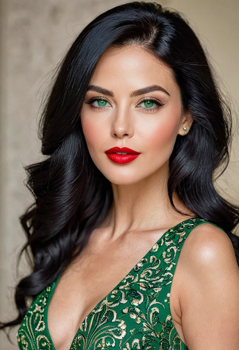 woman, beautiful, 29 years old, perfect face and features, NO WRINKLES, NO MARKS, SMOOTH FACE, seductive, very sexy look, defined body, in chic dress, green eyes, red lipstick, LONG BLACK HAIR