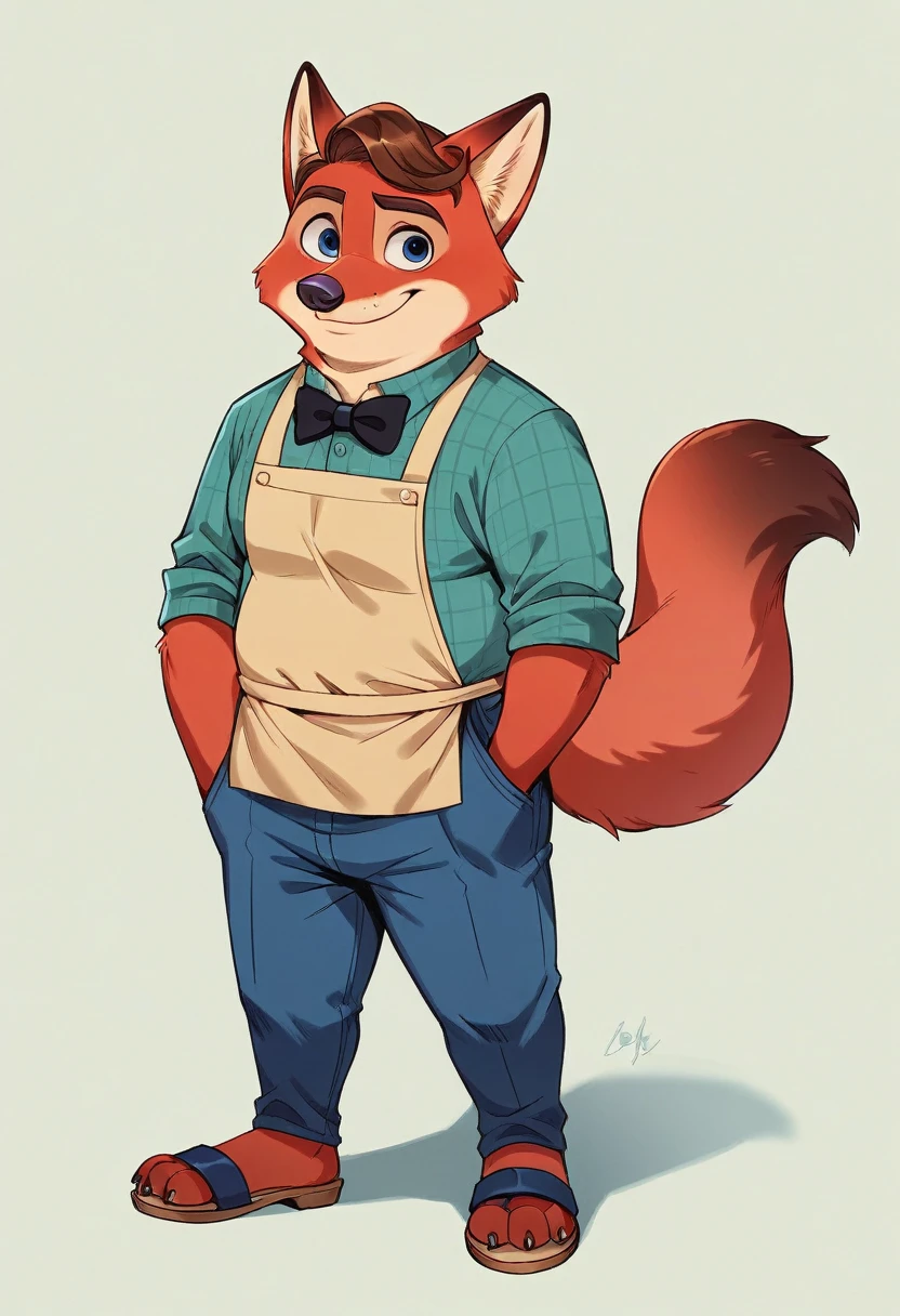 hyperrealistic art, furry portrait, bright colors, full body photography, full figure picture, masterpiece, Best quality, A high resolution, Brown hair,Gideon Gray blue eyes, (Zootopia, Cute, chubby, male fox, red fur, longer fur on the cheeks, side part of hairstyle, shorter muzzle) in casual clothes for adults, blue plaid shirt baker apron,black bow tie, long pants, Sandals with heels,in the park, detailed beautiful paws with short claws, I'm watching a video on my smartphone, red light in his eyes, smiling, Berushi. detailed background, anatomically correct, 8 thousand., (wide dynamic range, dynamic angles and pose:1.2), spicy, concentrated, (prayer):1.23, (particle),(author:by Jackaloo)