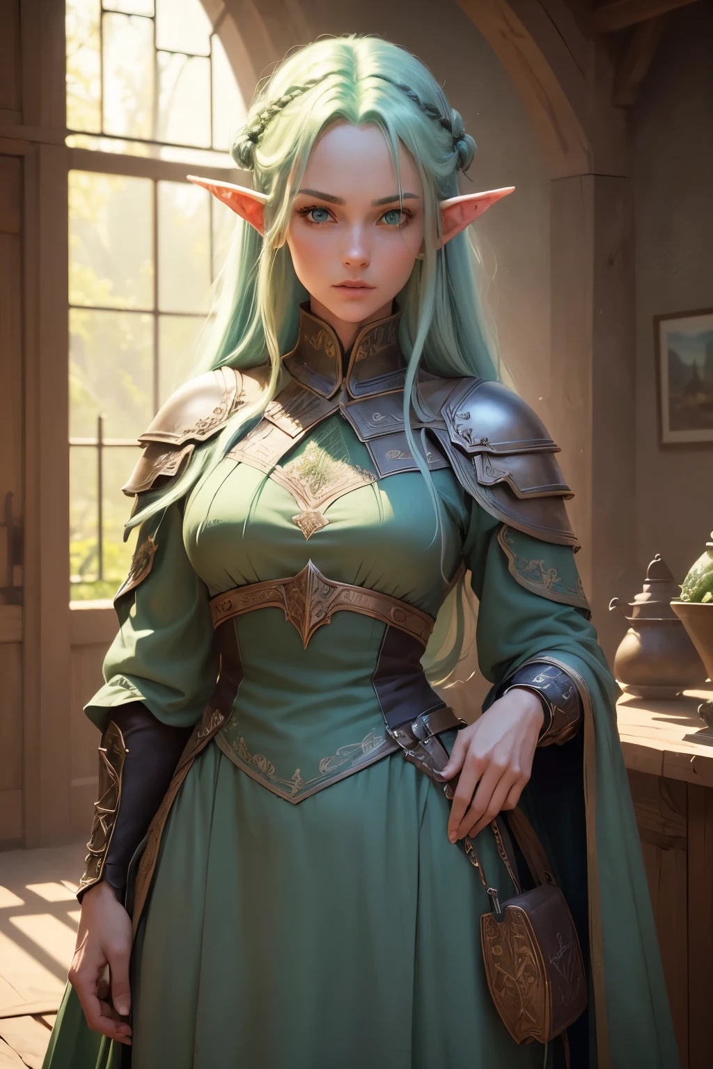 ((best qualityer)), ((work of art)), (detailded), 4K, hight contrast, work of art, 1 ranger elfo , long light green hair ,blue elven armor, blue colored eyes,olhos detaildeds ,in the background magnificent valley ,similar to the works of JRR Tolkien, clear lighting, detailed shadows
