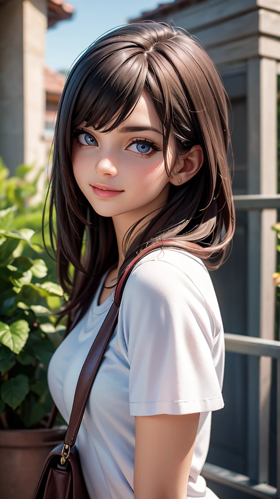 best quality, 4k, 8k, highres, masterpiece:1.2), ultra-detailed, (realistic, photorealistic, photo-realistic:1.37), playful, cartoon, student (girl), school bag, cute smile, white t shirt, outdoor, 3d rendering, beautiful detailed eyes, beautiful detailed lips, extremely detailed eyes and face, longeyelashes, colourful, soft lighting, lovely house, lively atmosphere