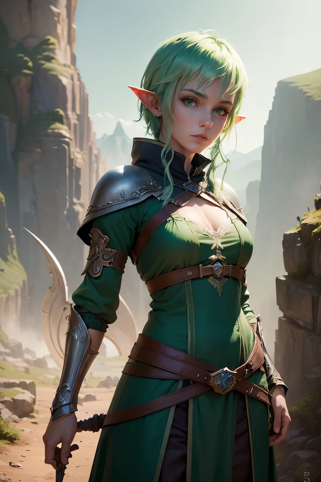 ((best qualityer)), ((work of art)), (detailded), 4K, hight contrast, work of art, 1 ranger elfo , light green hair ,blue elven armor, blue colored eyes,in the background magnificent valley ,similar to the works of JRR Tolkien, clear lighting, detailed shadows