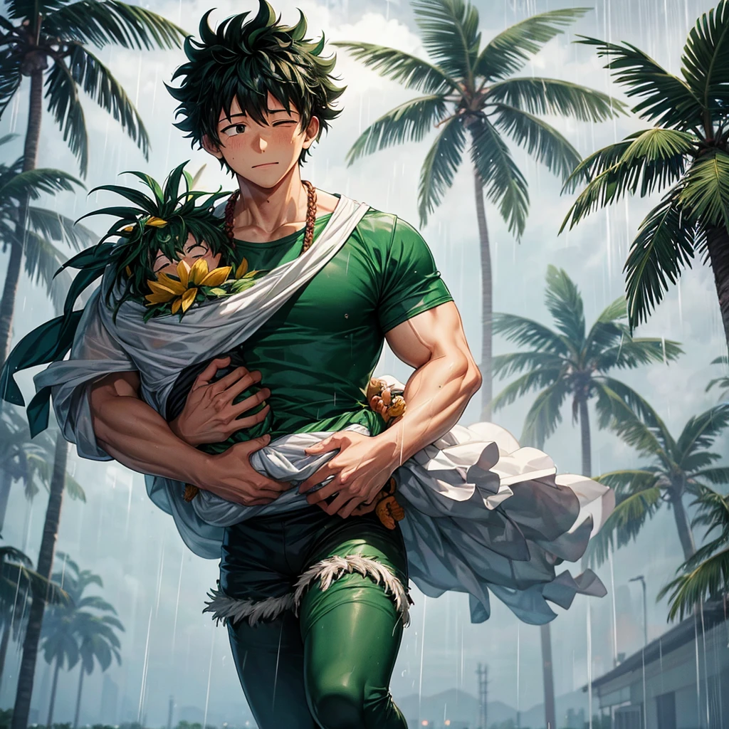 Izuku being carried by the wind clinging to a palm tree and heavy rain in the background