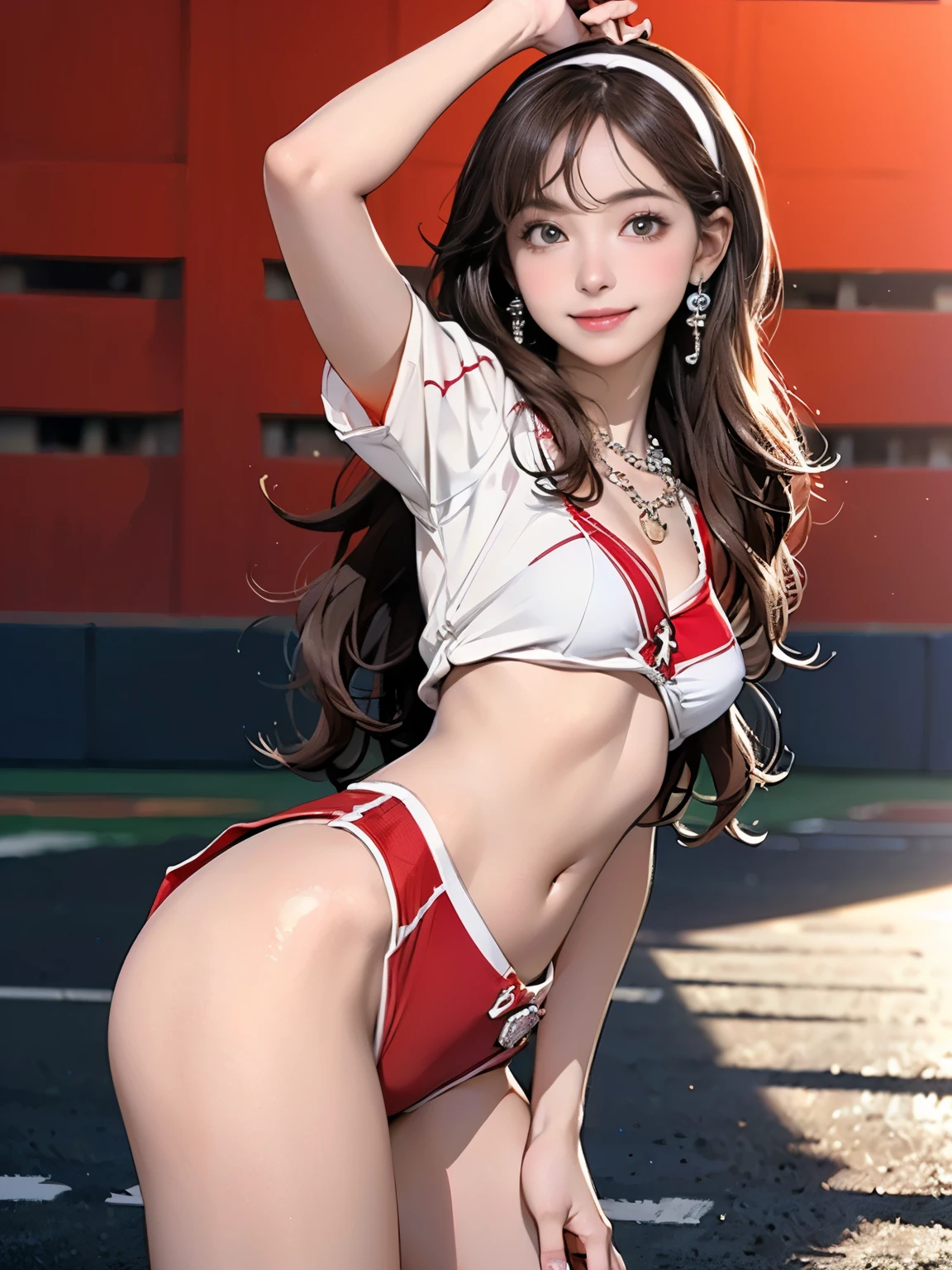 ((((Highest quality))))、(((Ultra-precision CG16K wallpaper)))、(((masterpiece)))、(((Super detailed)))、(((Extreme detail)))、((1Mature 29 year old woman:1.6))、((Very beautiful Japan face of a person))、((Urizane Face:1.8))、((Medium Straight Hair:1.8))、(Shiny Hair)、A delicately drawn beautiful face、(Dark Eyes、Reflected light from the eye)、double eyelid、High nose、Small nostrils、Small Mouth、Seductive lips、Beautiful breasts、((C cup size breasts))、Cleavage、Small belly button、Delicate nails、Beautiful feet、Thin thighs、eight-headed body、Perfect proportions、Perfect Anatomy、Perfect composition、Beautiful detailed shading、Beautiful, natural lighting、Beautiful detail glow、Depth of written boundary、(((High chroma)))、(((Real:1.9)))、((vivid:1.5))、((Beautiful Skin))、((Skin Texture))、((Realな皮膚感))、(((Cowboy Shot:1.6)))、(((front view、shoot from front、front low angle:1.6)))、(((smile:1.6)))、(((looking at viewer:1.6)))、Bright daylight、Natural light、(((background_Stadium:1.3)))、(Standing pose:1.6)、(((Dancer uniform clothing:1.6)))、((hair band、necklace、Wearing earrings:1.5))、