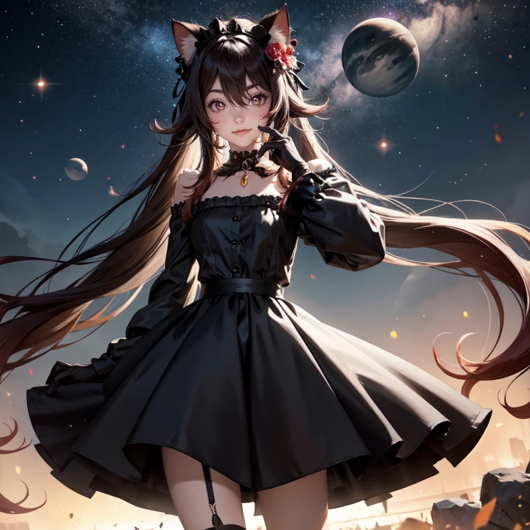 1girl, black maid dress, jewelry, brown hair, flowing hair, long hair, twintails, black maid dress with a short skirt and layers, black laces, black boots, black dress with transparency, gold details on her clothes, hat, cat ears, animal ears, more details, perfectly body, perfectly hands, two hands, two legs, two arms, five fingers, glowing hair, best quality, hat, cat ears, tail ornament, tail bow, black gloves, two cat tail, black gloves, alone, maid headdress, choker, detached sleeves, maid dress, maid black dress, strapless, masterpeice, best quality, detailed face, night, asymmetrical gloves, bangs, black short skirt , black gloves, black boots, earrings, elbow gloves, fishnet thighhighs, fishmasterpeice, solo, best quality, detailed face, gloves, hair between eyes, jewelry, looking at viewer, single , tongue, tongue out, uneven gloves, solo, alone, Looking at the viewer, More details on the clothes, magenta roses on her hair, space scenery, maid, maid dress, magenta details, magenta roses, maid headdress, maid apron, wave hair, seat on the Saturn rings, more details on her clothes, gold details on her clothes, space, smiling, standing her hand to a viewer, looking at the viewer, in the background a several asteroids glowing with fiery auras, Dramatic lighting from distant stars and planets illuminates the scene, looking at the vast and mysterious universe, cowboy shot, upper body portrait, more details, sparkle,