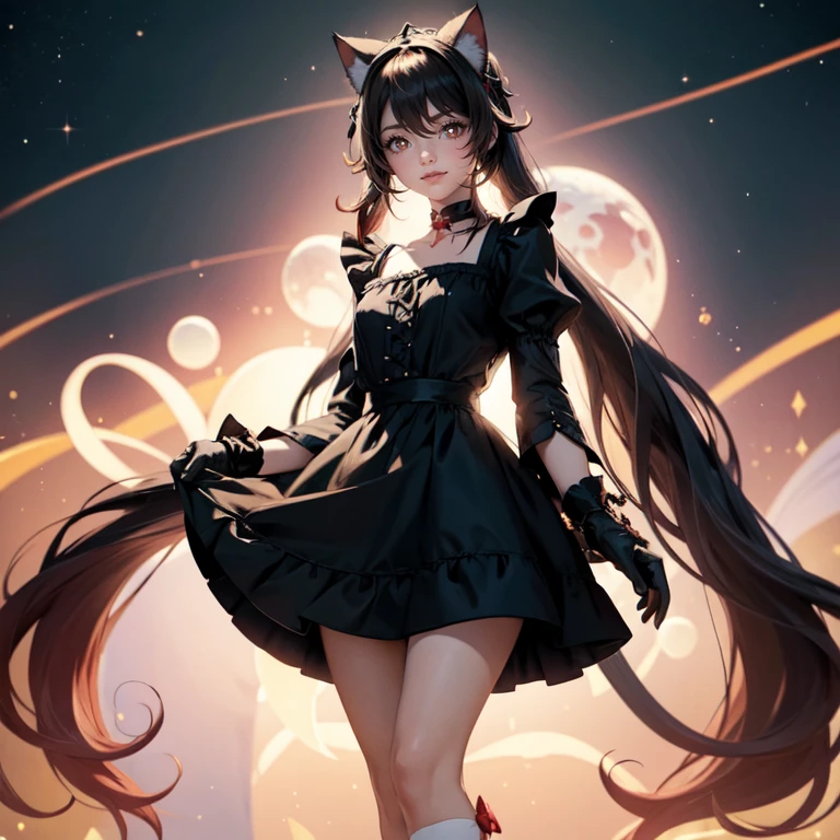1girl, black maid dress, jewelry, brown hair, flowing hair, long hair, twintails, black maid dress with a short skirt and layers, black laces, black boots, black dress with transparency, gold details on her clothes, hat, cat ears, animal ears, more details, perfectly body, perfectly hands, two hands, two legs, two arms, five fingers, glowing hair, best quality, hat, cat ears, tail ornament, tail bow, black gloves, two cat tail, black gloves, alone, maid headdress, choker, detached sleeves, maid dress, maid black dress, strapless, masterpeice, best quality, detailed face, night, asymmetrical gloves, bangs, black short skirt , black gloves, black boots, earrings, elbow gloves, fishnet thighhighs, fishmasterpeice, solo, best quality, detailed face, gloves, hair between eyes, jewelry, looking at viewer, single , tongue, tongue out, uneven gloves, solo, alone, Looking at the viewer, More details on the clothes, magenta roses on her hair, space scenery, maid, maid dress, magenta details, magenta roses, maid headdress, maid apron, wave hair, seat on the Saturn rings, more details on her clothes, gold details on her clothes, space, smiling, standing her hand to a viewer, looking at the viewer, in the background a several asteroids glowing with fiery auras, Dramatic lighting from distant stars and planets illuminates the scene, looking at the vast and mysterious universe, cowboy shot, upper body portrait, more details, sparkle,