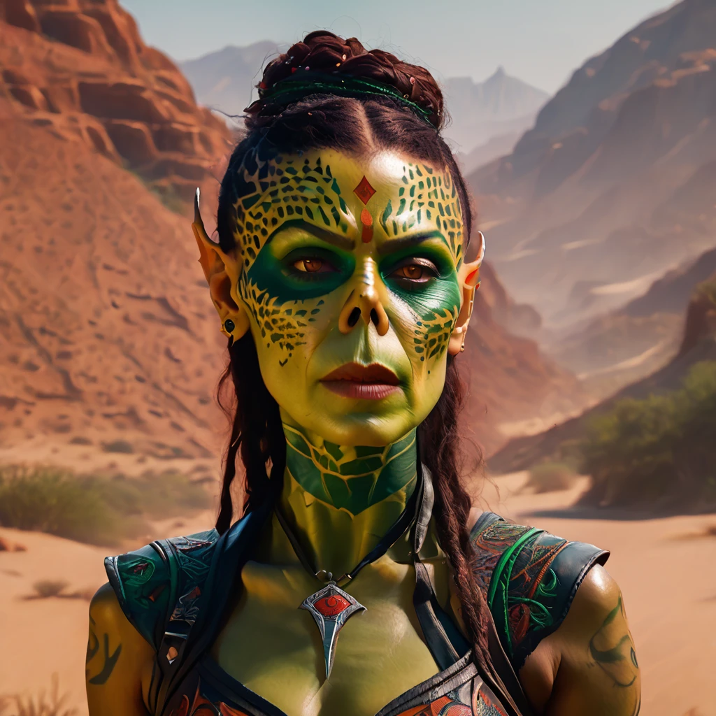 1girl, green skin, pointed ears, flat nose, narrow lips, black leather top, large breasts, showing cleavage, hyper detailed, 8k, photorealistic, masterpiece, intricate details, cinematic lighting, dramatic atmosphere, high contrast, vibrant colors