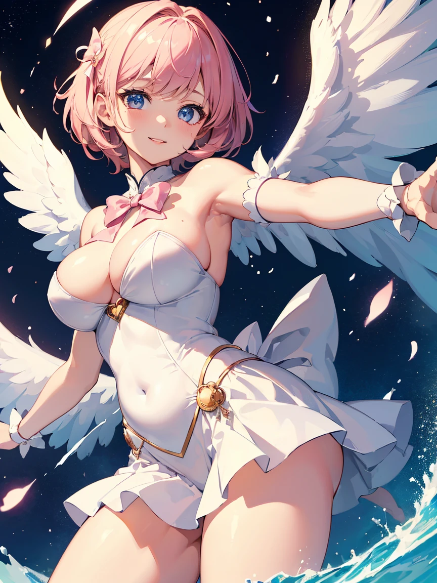 ((Masterpiece)),(Best Quality),(Highest resolution),(8K),(Clean lines),(Perfect Face,Perfect meat),(Official Art),(Magical girl),, 8-year-old, Cute white outfit, Short Hair, ribbon, huge breasts, Fat, Big angel wings, Night Sky, smile