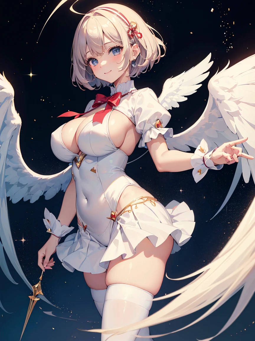 ((Masterpiece))，(Best Quality)，(Highest resolution)，(8K)，(Clean lines)，(Perfect Face，Perfect meat)，(Official Art)，（Magical girl）,, 8--old,te white outfit, Short Hair, ribbon, huge breasts, Fat, Big angel wings, Night Sky, smile