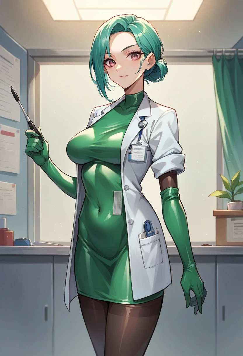 1girl, ((green elbow gloves)), ((surgical gloves)), ((latex gloves)), ((long sleeves)) ((blue surgeon outfit)), looking at viewer, ((doctor)), standing, solo