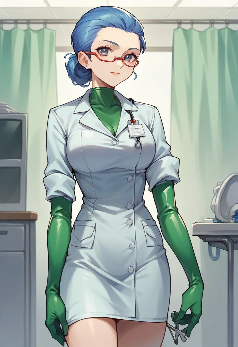 1girl, ((green elbow gloves)), ((surgical gloves)), ((latex gloves)), ((long sleeves)) ((blue surgeon outfit)), looking at viewer, ((doctor)), standing, solo