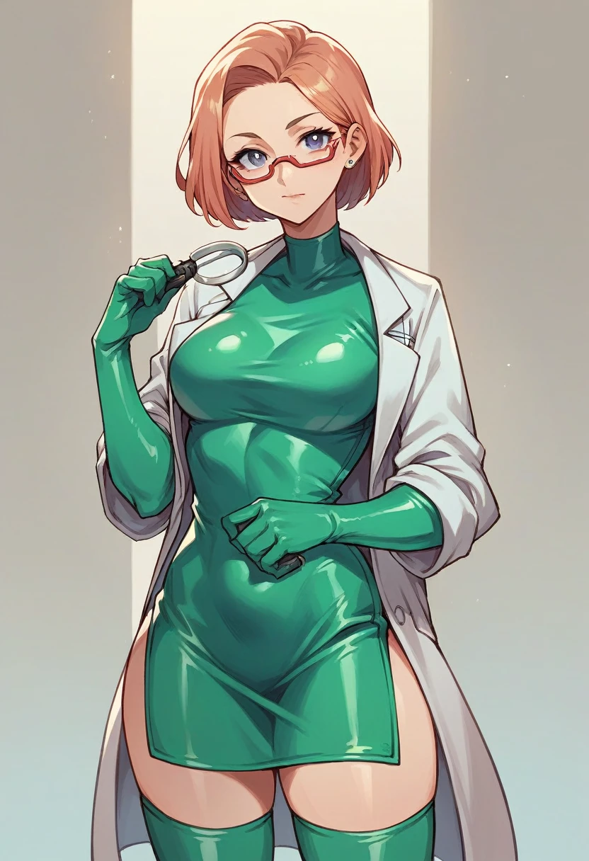 1girl, ((green elbow gloves)), ((surgical gloves)), ((latex gloves)), ((long sleeves)) ((blue surgeon outfit)), looking at viewer, ((doctor)), standing, solo