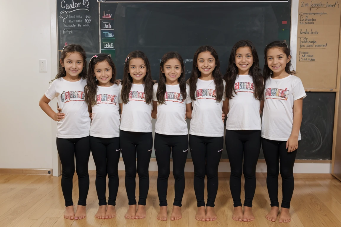 A group of five italian Little girls, barefeet, black yoga pants, smile, classroom, whiteboard