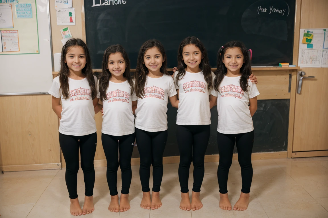 A group of five italian  Little girls, barefeet, black yoga pants,  smile, classroom, whiteboard