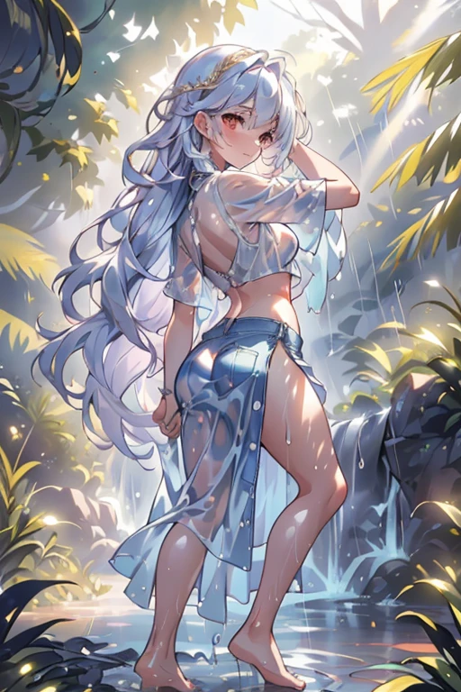 (((professional: Step by Step, taking into account even the smallest detail, God Level Final Result, full body with intricate details, only 1 girl, image: all the intricate details, Masterpiece))): "Quality 3, Wet anime, hyper details, Wet anime 17-years-old white woman with random colored hair Wet hair tied back with a red ribbon Her eyes are the same color as her wet hair, Delgado, clothing white crop top and denim miniskirt, A jungle background under a constant torrential rain that soaked them, Wet Back Posture, showing her beautiful body 92 59 90, flirty face, pedestal invisible,, Film grain, fuji colors, contrast of lights and shadows, textured skin, dynamic pose, realism, sunlight, High contrast, very sexy pose"
