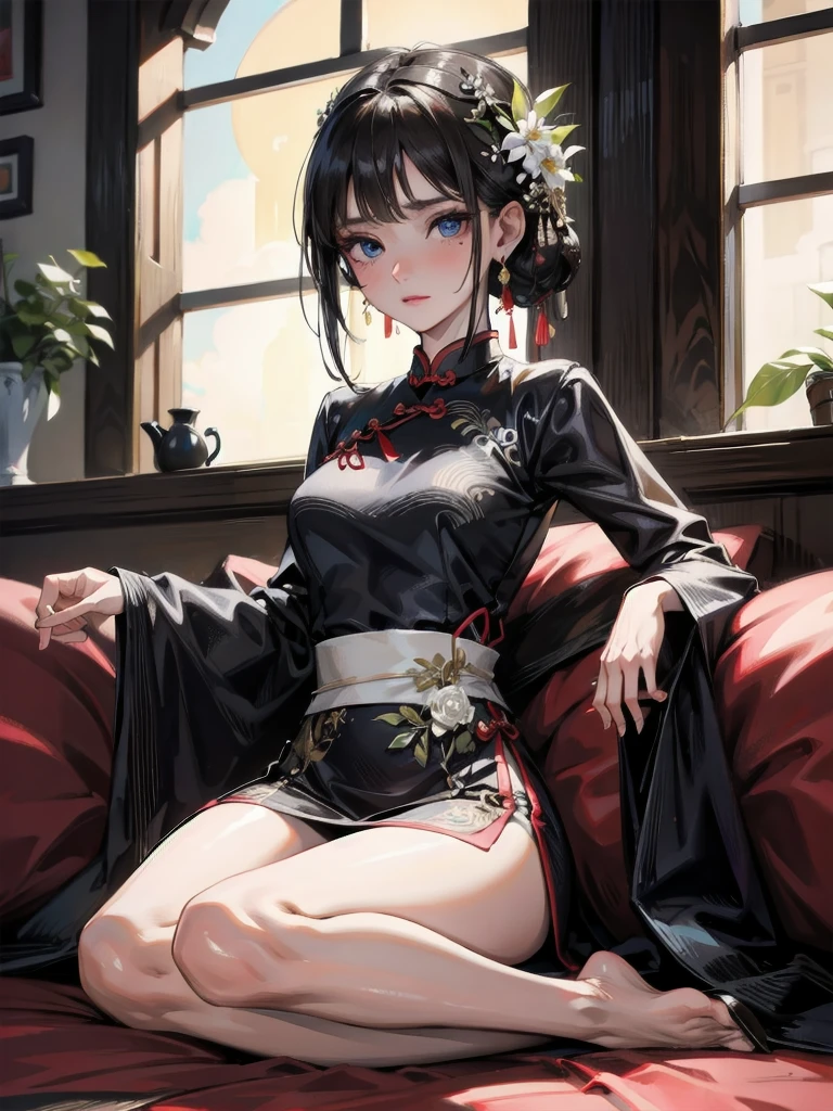 absurdres, RAW photo, extremely delicate and beautiful, masterpiece, Best Quality, ultra high resolution, 32k, hyperrealistic, ultra-detailed, in her 20s, delicate facial features, beautiful detailed girl, extremely detailed eyes and face, beautiful detailed eyes, tearful mole, earring, medium breasts, full body shot, shorter middle hair, black hair, cheongsam