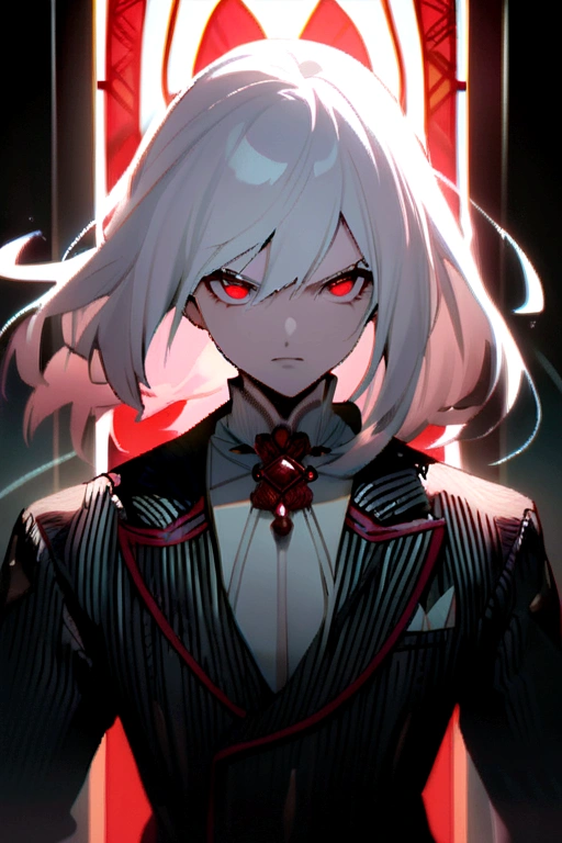 A character with knee-length white hair and red eyes
