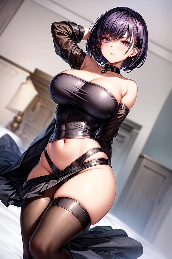 masterpiece, best quality, distinct image, 1 girl, , off shoulder elegant and stylish crop blouse, pleated skirt held tightly by a belt, solo. sharp facial features, oval shaped face, cherry pink lip, lightly tanned white skin, velvet-colored eyes, tall height(175cm), slim yet chiseled body-type, dark violet-black hair, short pixie cut hairstyle, long and slender legs, curvy wide hips stretching the dress, full body image,