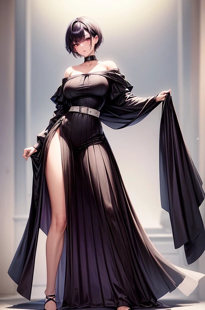 masterpiece, best quality, distinct image, 1 girl, , off shoulder elegant and stylish crop blouse, pleated skirt held tightly by a belt, solo. sharp facial features, oval shaped face, cherry pink lip, lightly tanned white skin, velvet-colored eyes, tall height(175cm), slim yet chiseled body-type, dark violet-black hair, short pixie cut hairstyle, long and slender legs, curvy wide hips stretching the dress, full body image,