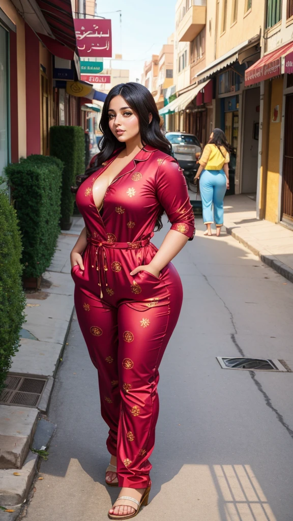 Arabic Woman in street, curvy body , wearing jumpsuit pajamas, beautiful woman, very detail ,pawg, long legs ,thick high, full body in camera, pawg, wearing strap wedges