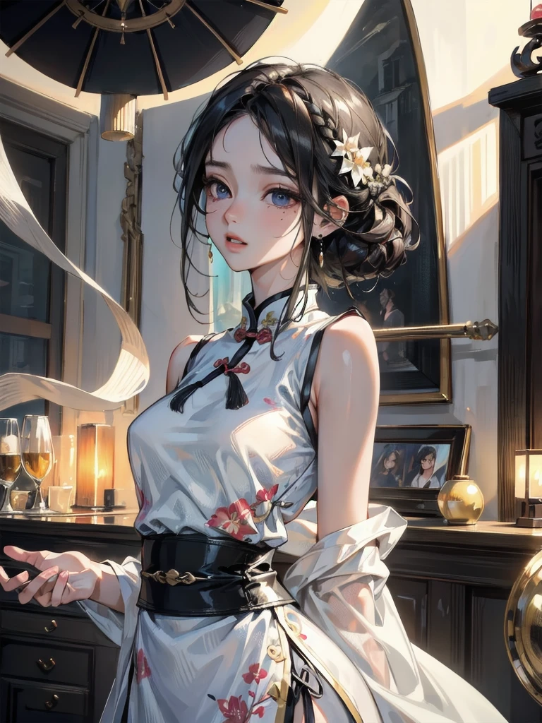 absurdres, RAW photo, extremely delicate and beautiful, masterpiece, Best Quality, ultra high resolution, 32k, hyperrealistic, ultra-detailed, in her 20s, delicate facial features, tearful mole, earring, medium breasts, full body shot, shorter middle hair, black hair, cheongsam